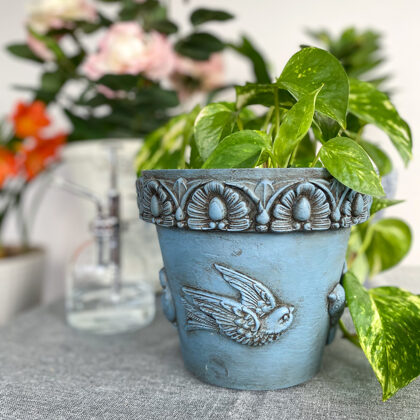 Plastic flower pot, made with Annie Sloan "Greek Blue" and IOD moulds